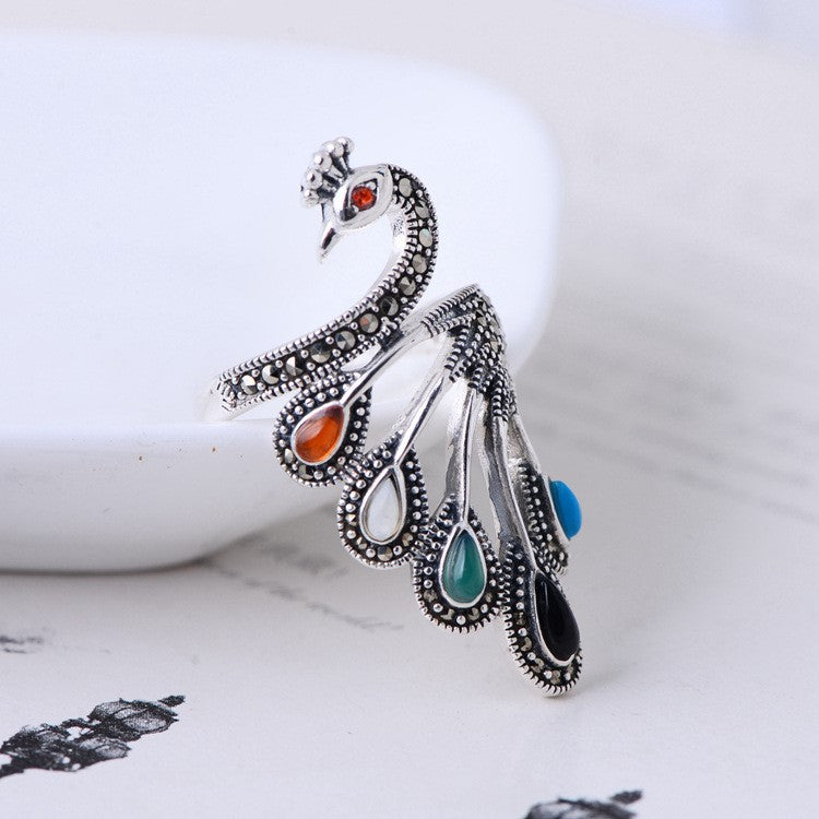 Multicolored stone peacock silver ring