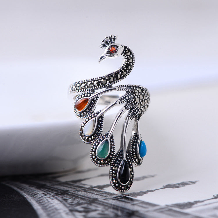 Multicolored stone peacock silver ring