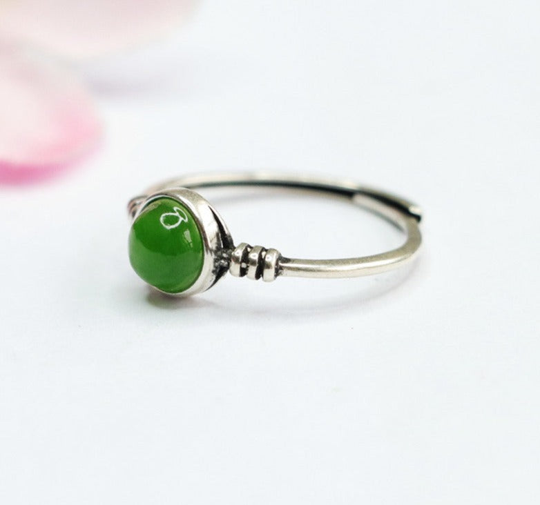 Silver Inlaid Natural Hetian Jade Jasper Ring