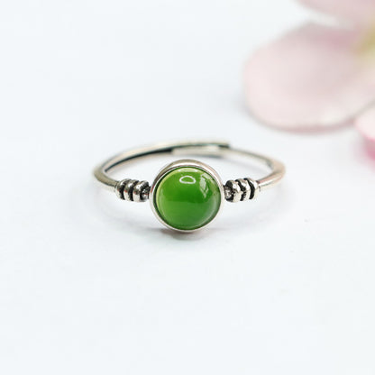 Silver Inlaid Natural Hetian Jade Jasper Ring