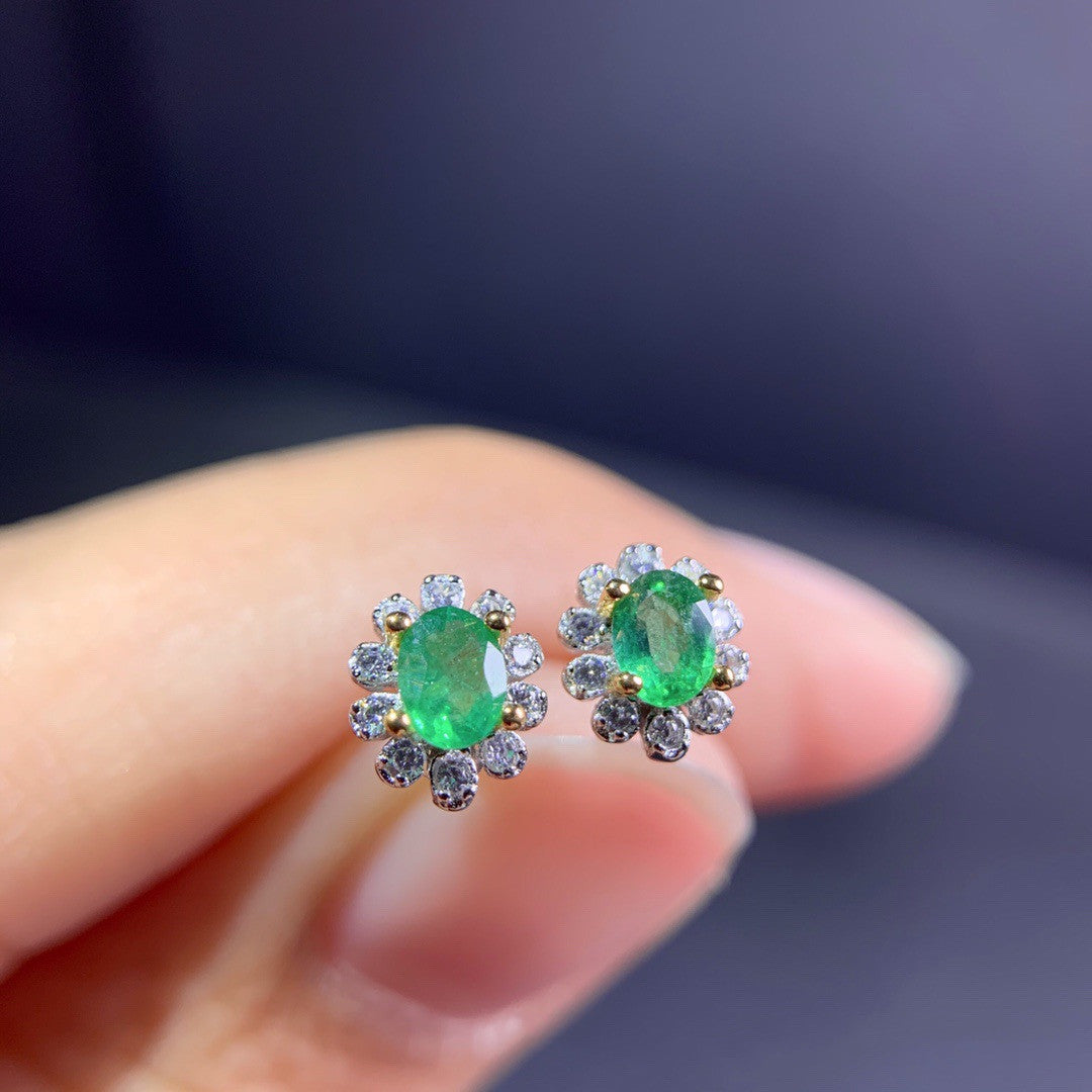 Women's Natural Emerald Silver Stud Earrings