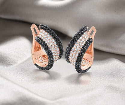 Rose Gold Sterling Silver Earrings With  Sparkling Black Spinel White Cubic Zirconia