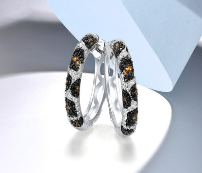 Glamorous  Sterling Silver Hoops Earrings With Black Spinel Yellow White Cubic Zirconia