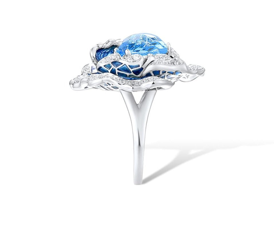 Handmade Blue Blooming Flower Sterling Silver Elegant Ring For Women