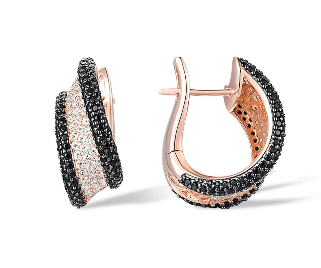 Rose Gold Sterling Silver Earrings With  Sparkling Black Spinel White Cubic Zirconia