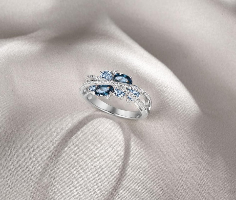 Blue And White Ring - 925 Sterling Silver Ring For Women Shimmering Blue Spinel Cubic Zirconia