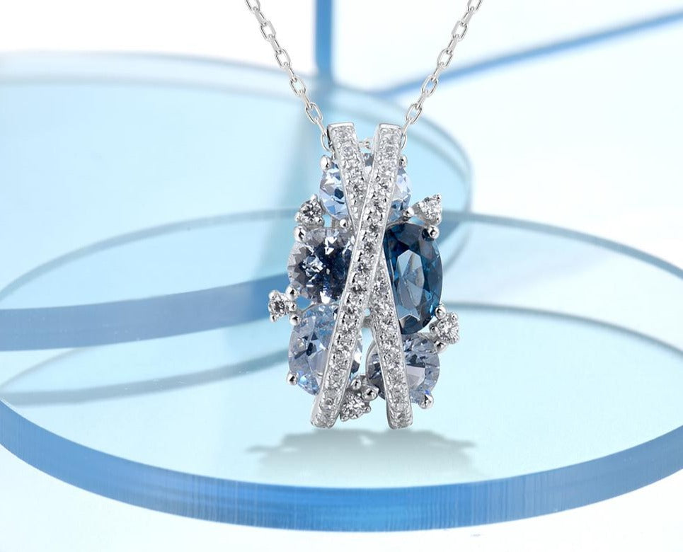 Blue and White Pendant  Sterling Silver Sparkling Blue Spinel White Cubic Zirconia