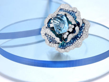 Handmade Blue Blooming Flower Sterling Silver Elegant Ring For Women