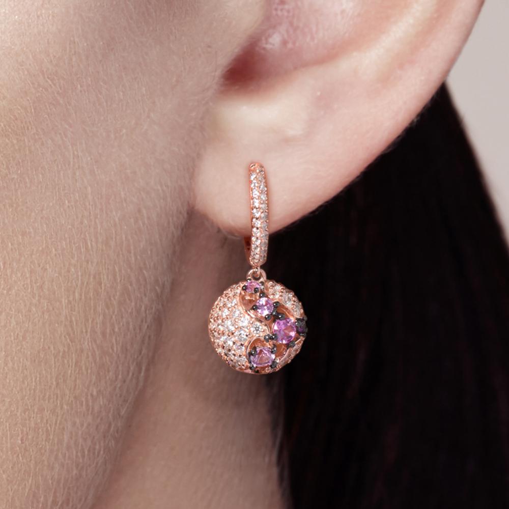 Dangling Pink Sapphire Earrings Sterling Silver With Pink Sapphire White Cubic Zirconia