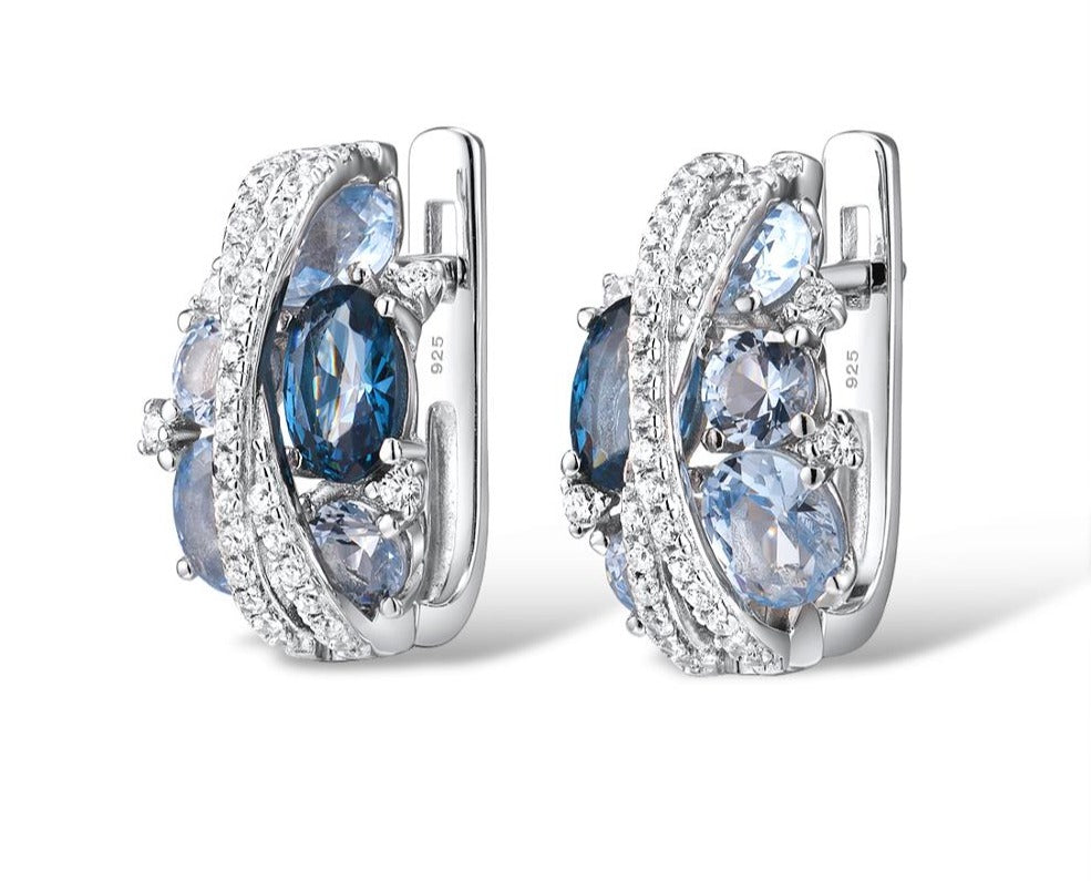 Blue And White Earrings -925 Sterling Silver Shimmering Blue Cubic Zirconia