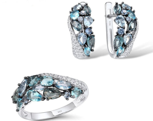 Blue Set - 925 Silver Jewelry Set For Women Sparkling Blue Stone Earrings Ring Set