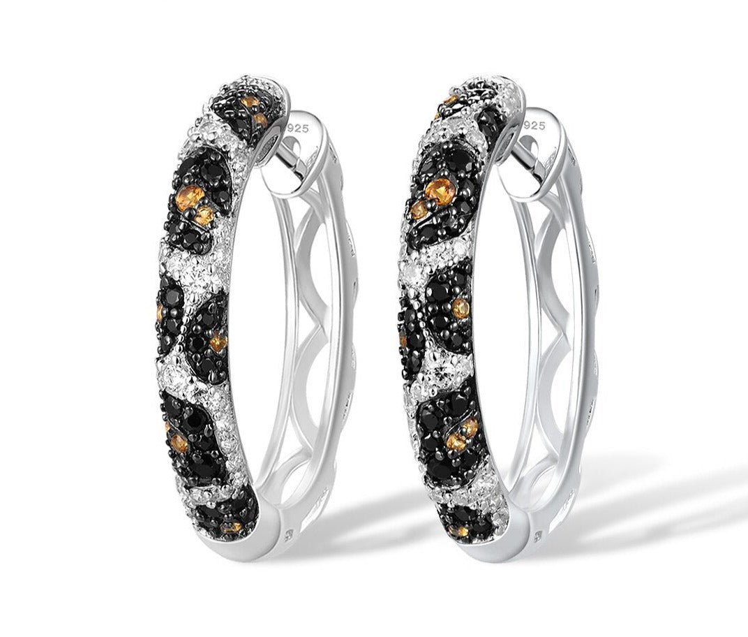 Glamorous  Sterling Silver Hoops Earrings With Black Spinel Yellow White Cubic Zirconia