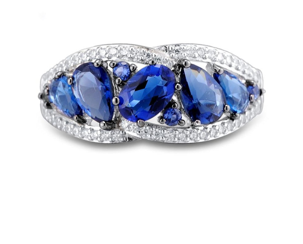 Blue Night Ring - 925 Sterling Silver  Rings For Women  Blue Glass White Cubic Zirconia