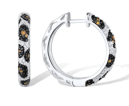 Glamorous  Sterling Silver Hoops Earrings With Black Spinel Yellow White Cubic Zirconia