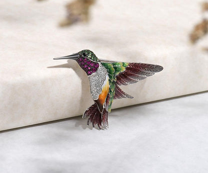 Handmade Silver Brooch For Women Pure 925 Sterling Silver Colorful Hummingbird