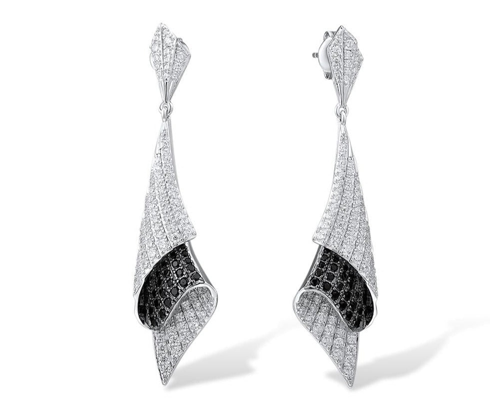 Black And White Classical Sterling Silver Earrings For Woman Folded Black Spinel White Cubic Zirconia