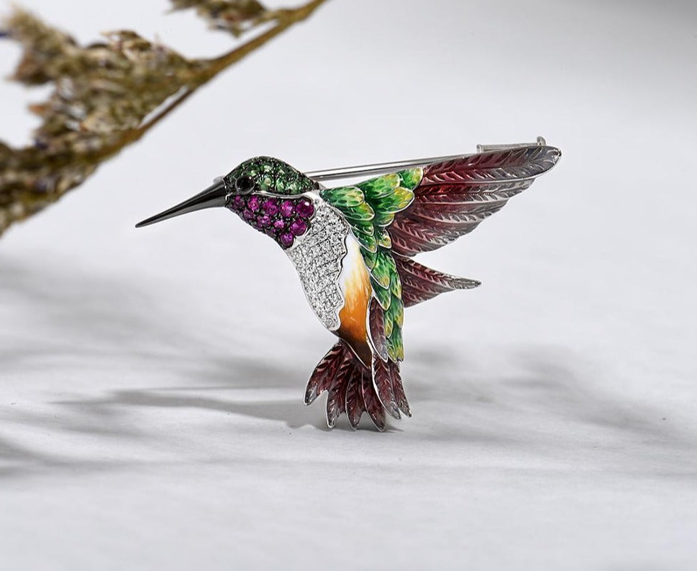 Handmade Silver Brooch For Women Pure 925 Sterling Silver Colorful Hummingbird