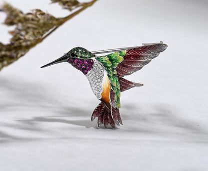 Handmade Silver Brooch For Women Pure 925 Sterling Silver Colorful Hummingbird