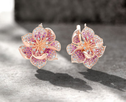 Flower Bloosom  Earrings - 925 Sterling Silver Earrings For Women Lab Created Ruby/Pink Sapphire White Cubic Zirconia