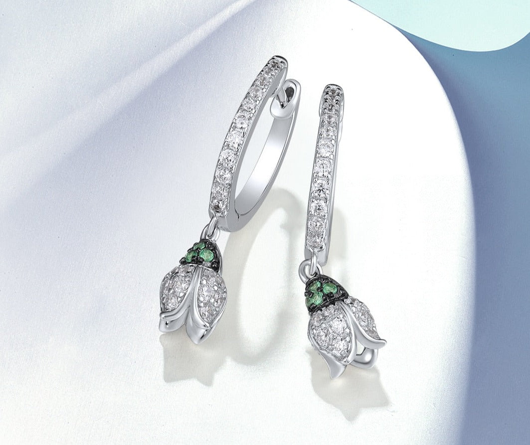 Flower Hoops  Sterling Silver Earrings  White Cubic Zirconia Green Spinel