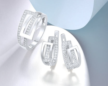 Elegant Set Sterling Silver 925 Sparkling White Cubic Zirconia Ring Earrings Set