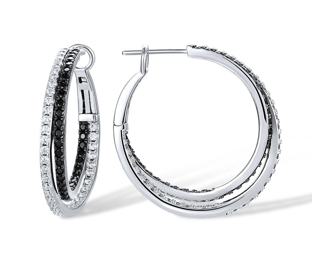 Black And White Hoops - Sterling Silver Loop Earrings With Black Spinel White Cubic Zirconia