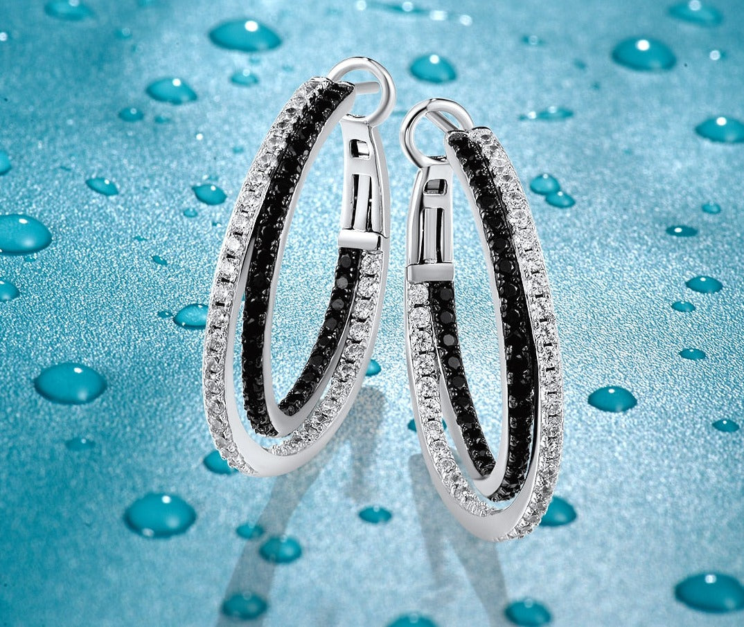 Black And White Hoops - Sterling Silver Loop Earrings With Black Spinel White Cubic Zirconia