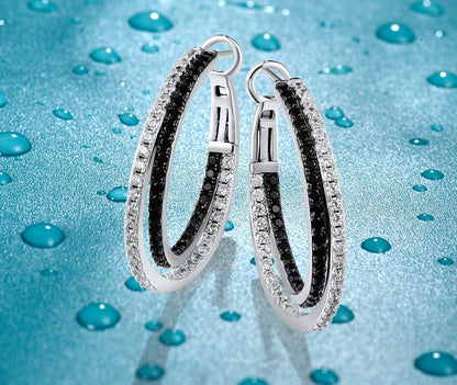 Black And White Hoops - Sterling Silver Loop Earrings With Black Spinel White Cubic Zirconia