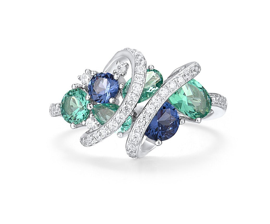 Blue And Green Sparkling Spinel Sterling Silver Ring White Cubic Zirconia