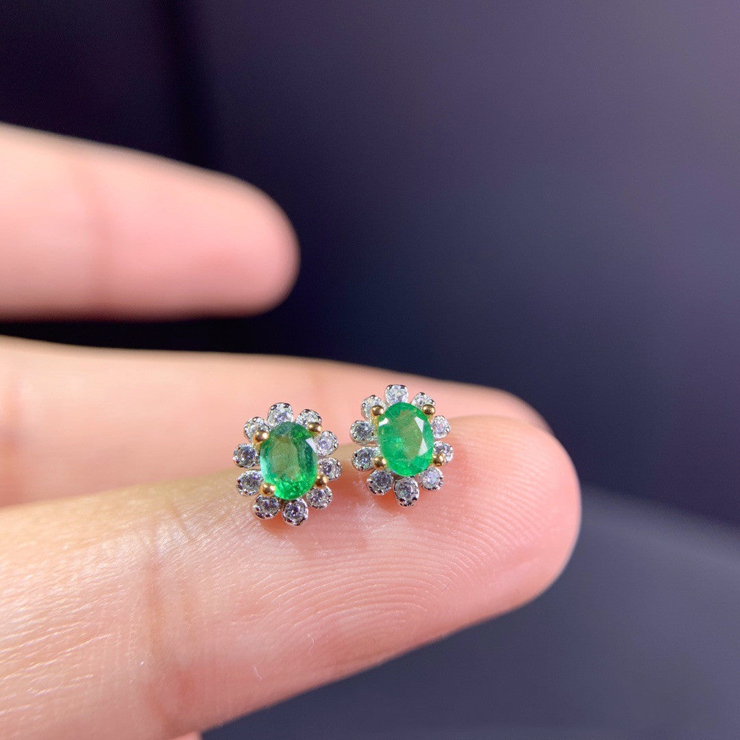 Women's Natural Emerald Silver Stud Earrings