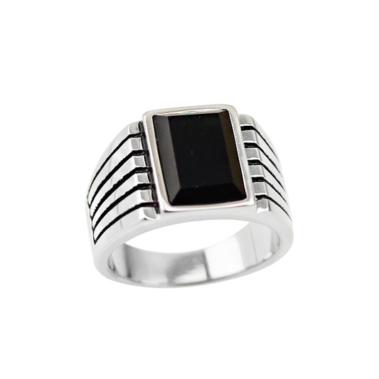 Sterling Silver Black Agate Opening Men's Ring