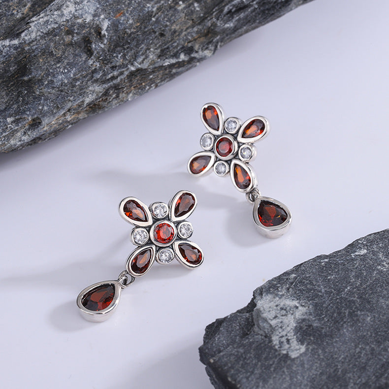 Four Leaf Clover Garnet Sterling Silver Earrings