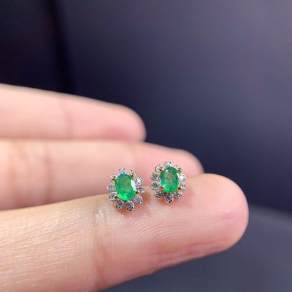 Women's Natural Emerald Silver Stud Earrings